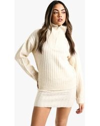 Boohoo - Soft Knit Thick Rib Zip Neck Oversized Sweater And Mini Skirt Set - Lyst