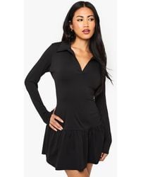 Boohoo - Collared Drop Hem Long Sleeve Mini Dress - Lyst
