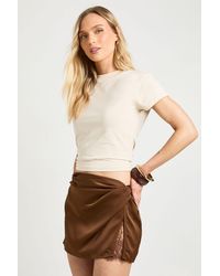 Boohoo - Petite Lace Insert Satin Mini Skirt - Lyst
