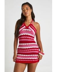 Boohoo - Crochet Knit Stripe Halter Mini Dress - Lyst