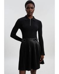Karen Millen - Knitted Zip Neck Pu Mix Pleated Mini Dress - Lyst