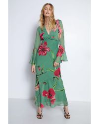 Warehouse - Floral Printed V Neck Fluted Sleeve Maxi Dress - Lyst