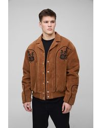 BoohooMAN - Tall Faux Suede Embroidered Oversized Boxy Fit Western Jacket - Lyst