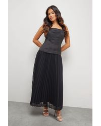 Warehouse - Petite Satin Fitted Bodice Chiffon Pleated Skirt Midi Dress - Lyst