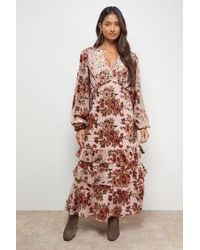 Oasis - Devore Tiered Puff Sleeve Midi Tea Dress - Lyst