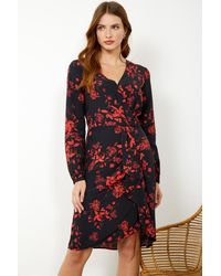 Sosandar - Floral Print Ruched Faux Wrap Dress - Lyst