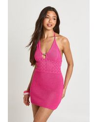 Boohoo - Halterneck Patterned Beach Crochet Mini Dress - Lyst