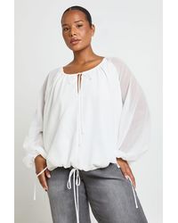 Boohoo - Plus Ruched Tie Front Balloon Sleeve Blouse - Lyst