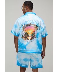 BoohooMAN - Oversized Short Sleeve Abstract Location Print Satin Shirt & Set - Lyst