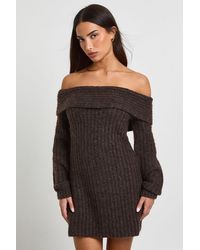 Boohoo - Petite Chunky Knit Bardot Mini Dress - Lyst