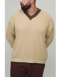 BoohooMAN - Plus Oversized Knitted Contrast V-Neck Sweater - Lyst