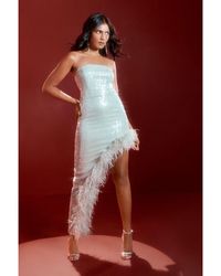 MissPap - Sequin Bandeau Feather Hem Asymmetric Midaxi Dress - Lyst