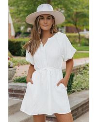 Azura Exchange - Puff Sleeve Shirt Dress With Drawstring And Pockets - Lyst