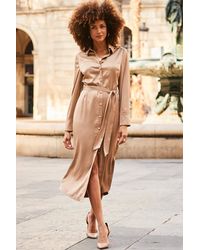 Sosandar - Camel Satin Belted Midi Shirt Dress - Lyst