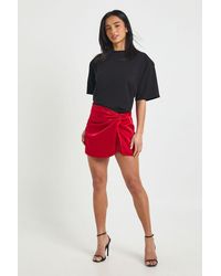 Boohoo - Petite Lace Insert Satin Mini Skirt - Lyst