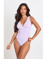 Boohoo - Textured Plunge Neck Swimsuit - Lyst