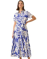 Roman - Leaf Print Belted Midi Shirt Dress - Lyst