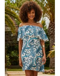 Sosandar - Paisley Print Pom Pom Trim Bardot Dress - Lyst