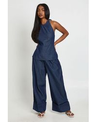 Boohoo - Chambray Tie Halterneck Top & Turnup Wide Leg Trousers - Lyst