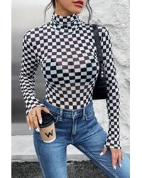 Azura Exchange - Kariertes Bedrucktes Langarm Hochkragen-Bodysuit - Lyst