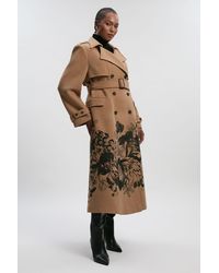 Karen Millen - Plus Size Wool Placement Print Tailored Double Breasted Belted Midi Coat - Lyst