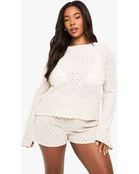 Boohoo - Plus Zig Zag Knitted Tie Front Beach Top - Lyst