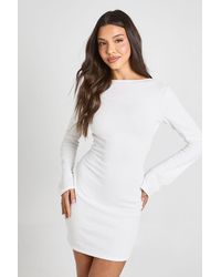 Boohoo - Crinkle Rib Flare Sleeve Tie Back Detail Dress - Lyst