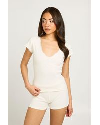 Boohoo - Ribbed Lace Trim Cap Sleeve Top - Lyst