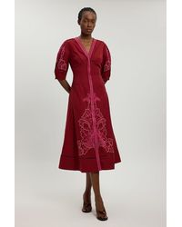Karen Millen - Linen Blend Beaded Cutwork Midi Dress - Lyst