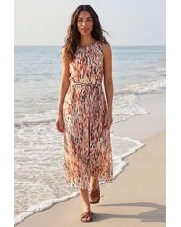 Roman - Animal Print Chiffon Pleat Neck Midi Dress - Lyst