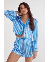 Nasty Gal - Stripe Satin Contrast Pipping Tie Front Shirt And Pajama Shorts Set - Lyst