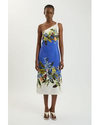Karen Millen - Placement Print Linen Viscose One Shoulder Midi Dress - Lyst