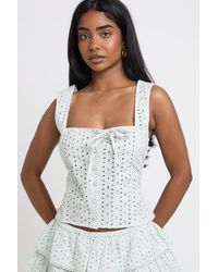 Boohoo - Broderie Tie Front Square Neck Corset Top - Lyst