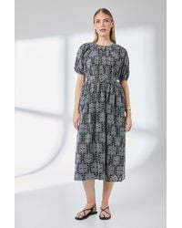 PRINCIPLES - Puff Sleeve Waistband Detail Broderie Midi Dress Cotton - Lyst