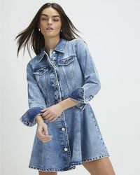 River Island - Mini Shirt Dress Long Sleeve Denim Cotton - Lyst