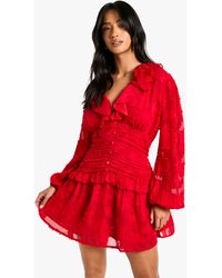 Boohoo - Petite Floral Burnout Ruffle Plunge Ruched Skater Dress - Lyst