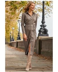 Sosandar - Taupe Leather Look Plisse Shirt Dress With Belt - Lyst