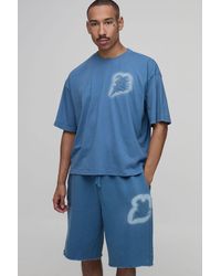 BoohooMAN - Oversized Boxy B Applique Washed T-Shirt And Short Set - Lyst