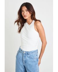 Boohoo - Ruched One Shoulder Mesh Panel Bodysuit - Lyst