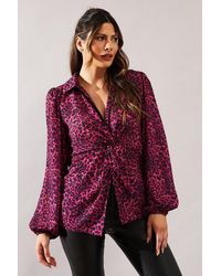 Wallis - Animal Print Knot Detail Collared Blouse - Lyst