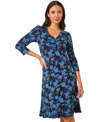 Roman - Floral Print V-Neck Ruched Dress - Lyst