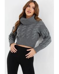 Quiz - Grey Roll Neck Knitted Cropped Jumper - Lyst