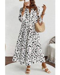 Azura Exchange - Leopard Print Maxi Dress Casual Vneck 34 Sleeve Tiered Long - Lyst