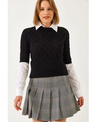 Bianco Lucci - Textured Knitwear Crop Sweater With Shirt Collar - Lyst