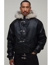 BoohooMAN - Oversized Boxy Reversible Faux Fur & Pu Clasp Hooded Bomber Jacket - Lyst