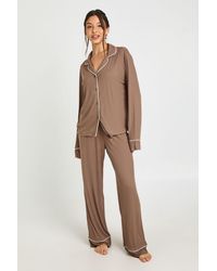 Boohoo - Soft Rib Piping Detail Long Sleeve Shirt & Trouser Pyjama Set - Lyst
