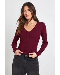 Boohoo - Ribbed Button Through V Neck Long Sleeve Top - Lyst