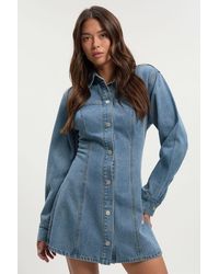 Boohoo - Long Sleeve Cinched Waist Denim Dress - Lyst