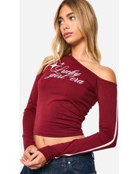 Boohoo - Off Shoulder Stripe Sleeve Top With Print - Lyst