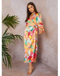 Chi Chi London - Long Sleeve Floral Wrap Dress - Lyst